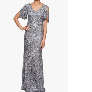 Alex Evenings Women's Long Sequin Dress with Flutter Sleeves, Silver, 10 NWT